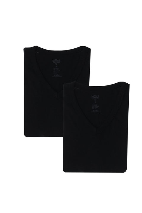 Siyah 2'li V Yaka Pamuk Atlet Seti