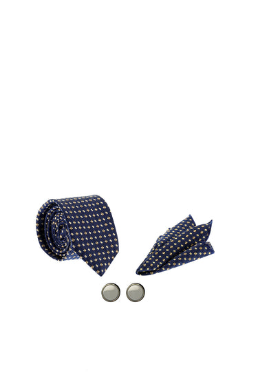 Koyu Lacivert 3'lü Kravat & Mendil & Kol Düğmesi Seti