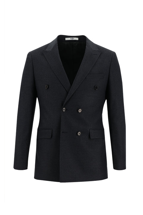 Siyah 7 Drop Slim Fit Dar Kesim Kruvaze Beli Lastikli İpli Çizgili Takım Elbise