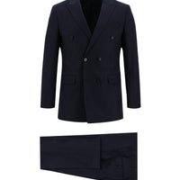 Koyu Lacivert 7 Drop Slim Fit Dar Kesim Kruvaze Beli Lastikli İpli Çizgili Takım Elbise