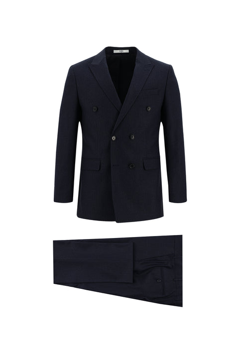 Koyu Lacivert 7 Drop Slim Fit Dar Kesim Kruvaze Beli Lastikli İpli Çizgili Takım Elbise