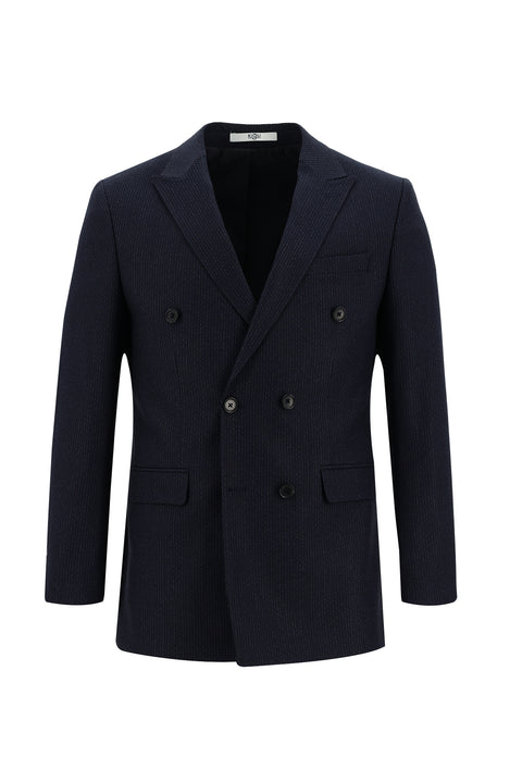 Koyu Lacivert 7 Drop Slim Fit Dar Kesim Kruvaze Beli Lastikli İpli Çizgili Takım Elbise