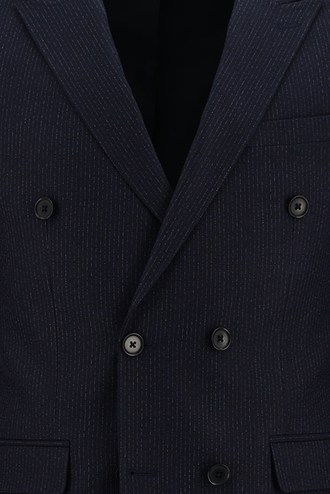 Koyu Lacivert 7 Drop Slim Fit Dar Kesim Kruvaze Beli Lastikli İpli Çizgili Takım Elbise