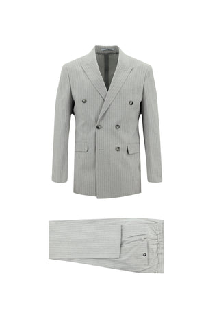  Orta Gri 7 Drop Slim Fit Dar Kesim Kruvaze Beli Lastikli İpli Çizgili Keten Karışımlı Takım Elbise