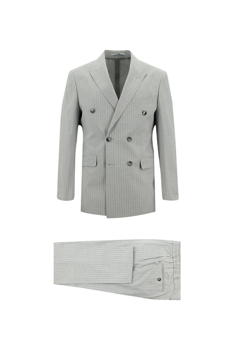 Medium Grey 7 Drop Slim Fit Double-Breasted Striped Linen Blend Suit