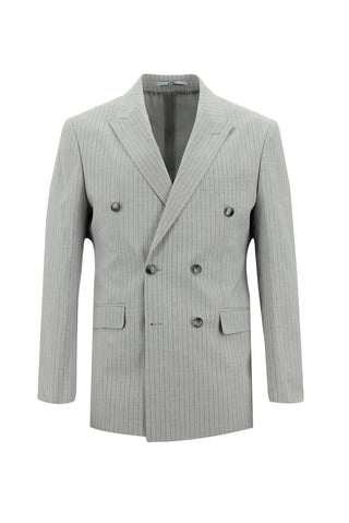  Orta Gri 7 Drop Slim Fit Dar Kesim Kruvaze Beli Lastikli İpli Çizgili Keten Karışımlı Takım Elbise