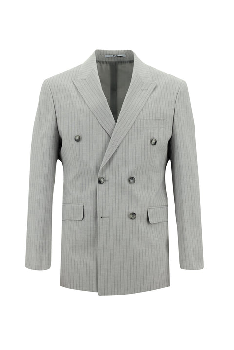 Medium Grey 7 Drop Slim Fit Double-Breasted Striped Linen Blend Suit