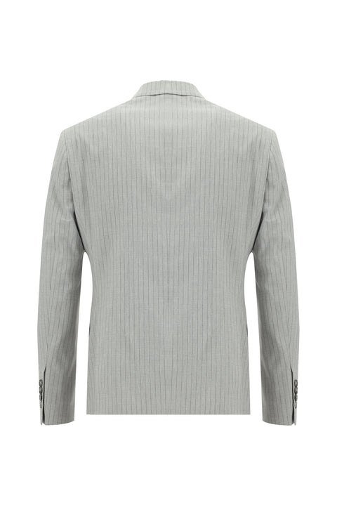 Medium Grey 7 Drop Slim Fit Double-Breasted Striped Linen Blend Suit