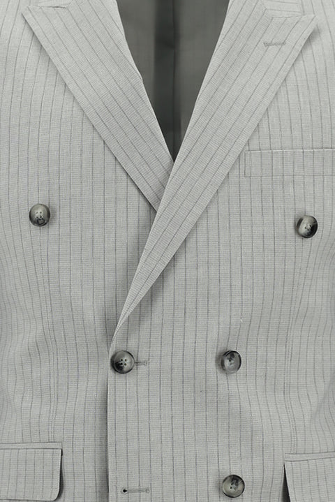 Medium Grey 7 Drop Slim Fit Double-Breasted Striped Linen Blend Suit
