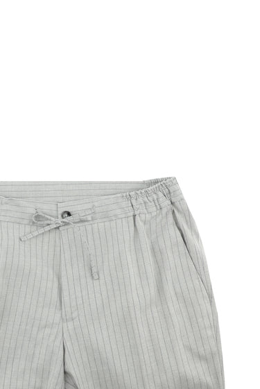 Orta Gri Slim Fit Dar Kesim Kruvaze Beli Lastikli İpli Çizgili Keten Takım Elbise