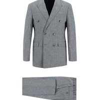 Orta Lacivert Slim Fit Dar Kesim Kruvaze Beli Lastikli İpli Çizgili Keten Karışımlı Takım Elbise