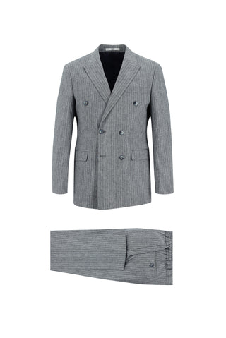  Orta Lacivert Slim Fit Dar Kesim Kruvaze Beli Lastikli İpli Çizgili Keten Karışımlı Takım Elbise