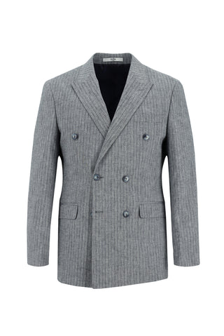  Orta Lacivert Slim Fit Dar Kesim Kruvaze Beli Lastikli İpli Çizgili Keten Karışımlı Takım Elbise