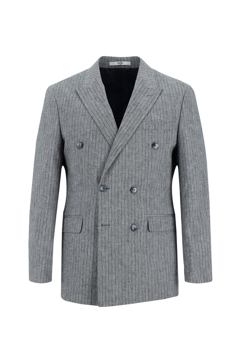 Orta Lacivert 7 Drop Slim Fit Dar Kesim Kruvaze Beli Lastikli İpli Çizgili Keten Karışımlı Takım Elbise