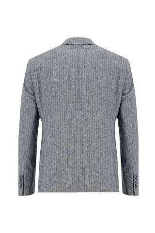  Orta Lacivert Slim Fit Dar Kesim Kruvaze Beli Lastikli İpli Çizgili Keten Karışımlı Takım Elbise