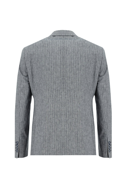 Orta Lacivert 7 Drop Slim Fit Dar Kesim Kruvaze Beli Lastikli İpli Çizgili Keten Karışımlı Takım Elbise