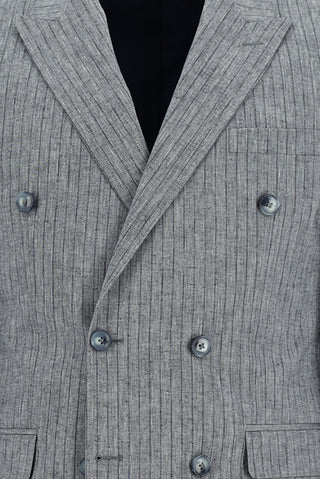  Orta Lacivert Slim Fit Dar Kesim Kruvaze Beli Lastikli İpli Çizgili Keten Karışımlı Takım Elbise