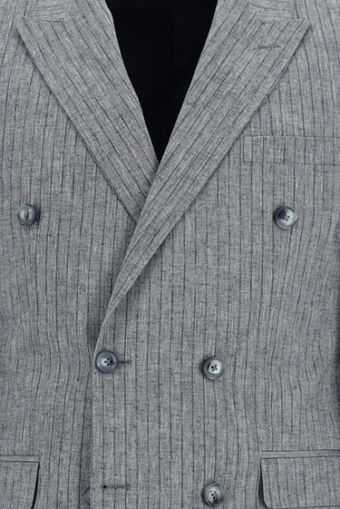  Orta Lacivert Slim Fit Dar Kesim Kruvaze Beli Lastikli İpli Çizgili Keten Karışımlı Takım Elbise