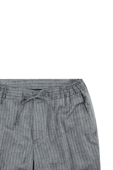 Orta Lacivert Slim Fit Dar Kesim Kruvaze Beli Lastikli İpli Çizgili Keten Karışımlı Takım Elbise