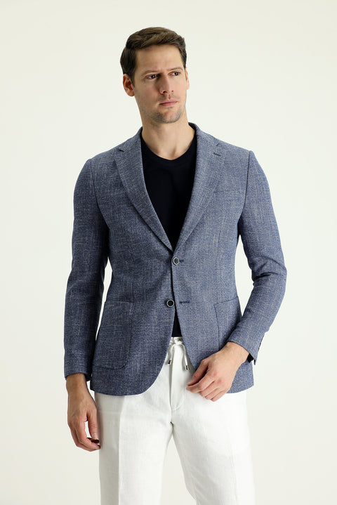 Orta Lacivert 7 Drop Slim Fit Dar Kesim Desenli Spor Ceket