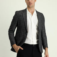 Siyah 7 Drop Slim Fit Dar Kesim Desenli Keten Karışımlı Ceket
