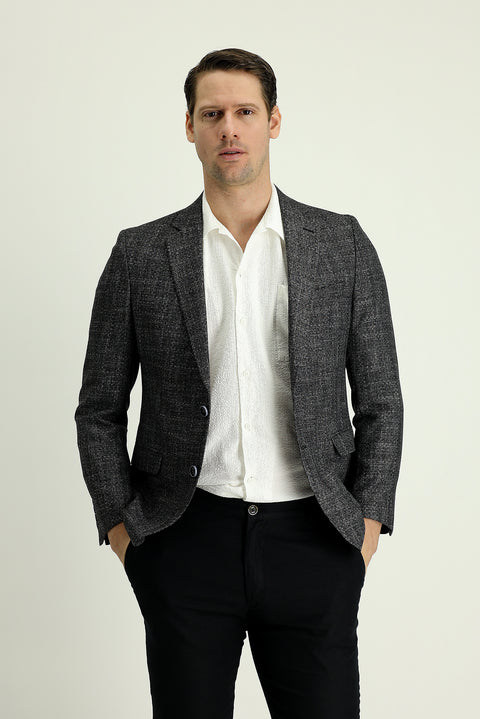 Siyah 7 Drop Slim Fit Dar Kesim Desenli Keten Karışımlı Ceket
