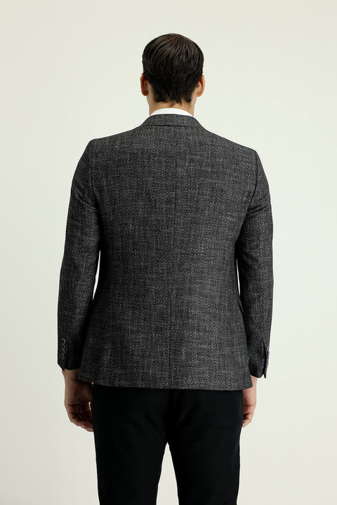 Siyah 7 Drop Slim Fit Dar Kesim Desenli Keten Karışımlı Ceket