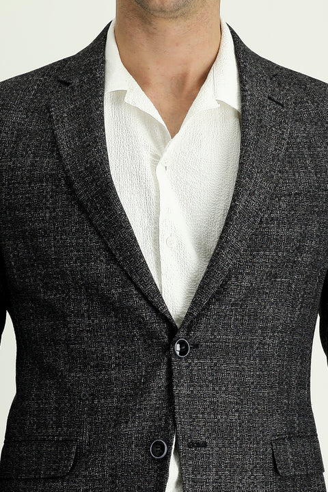 Siyah 7 Drop Slim Fit Dar Kesim Desenli Keten Karışımlı Ceket