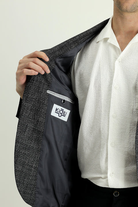 Siyah 7 Drop Slim Fit Dar Kesim Desenli Keten Karışımlı Ceket