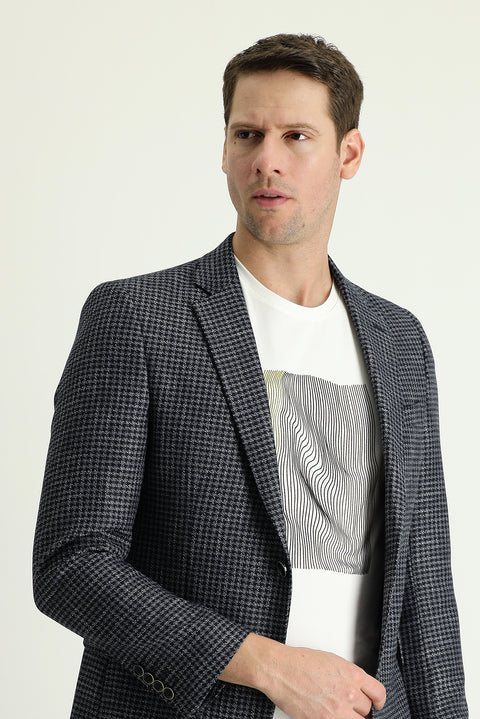 Dark Navy 7 Drop Slim Fit Patterned Linen Jacket