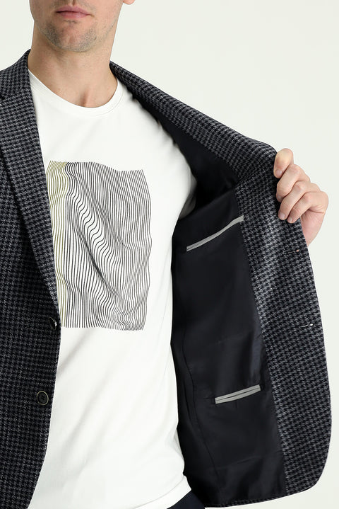 Dark Navy 7 Drop Slim Fit Patterned Linen Jacket