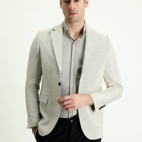 Krem Slim Fit Dar Kesim Desenli Pamuklu Keten Karışımlı Spor Ceket