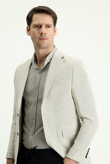 Krem Slim Fit Dar Kesim Desenli Pamuklu Keten Karışımlı Spor Ceket