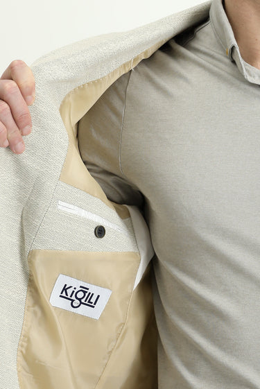 Krem Slim Fit Dar Kesim Desenli Pamuklu Keten Karışımlı Spor Ceket