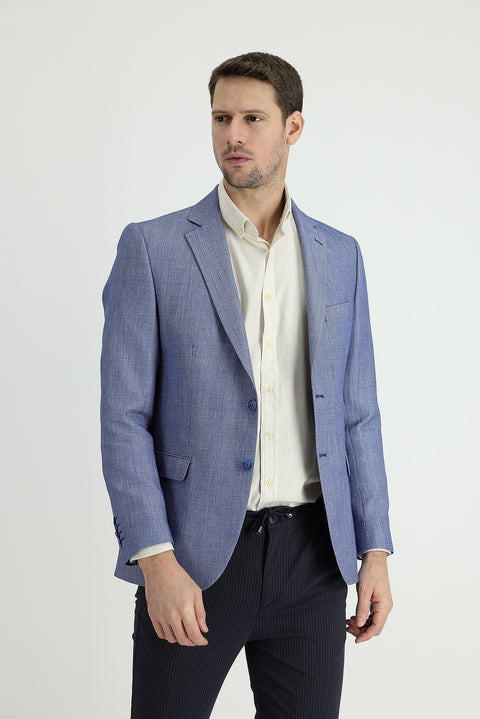 Koyu Mavi  4 Drop Relaxed Fit Rahat Kesim Klasik Desenli Keten Karışımlı Ceket