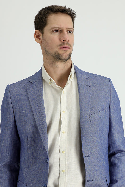 Koyu Mavi  6 Drop Regular Fit Standart Kesim Klasik Desenli Yünlü Keten Ceket