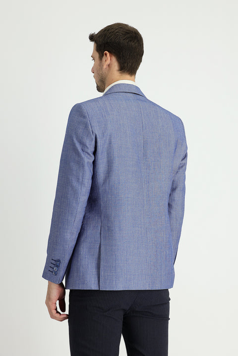 Dark Blue 6 Drop Regular Fit Classic Patterned Wool Linen Jacket