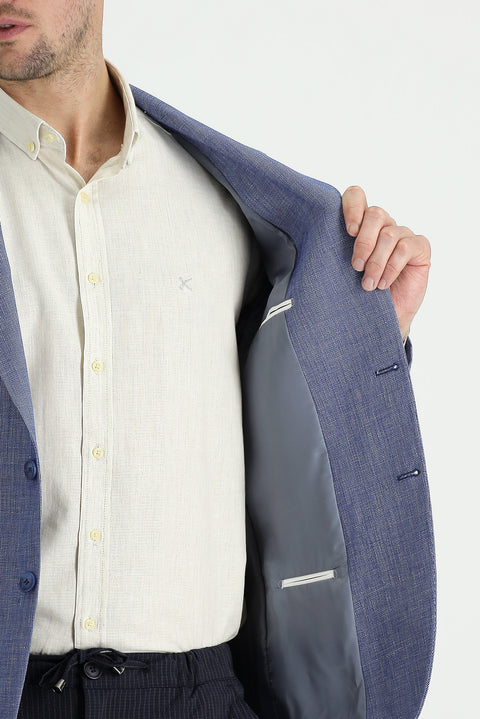 Koyu Mavi  4 Drop Relaxed Fit Rahat Kesim Klasik Desenli Keten Karışımlı Ceket