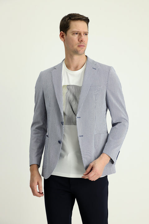 Orta Lacivert 7 Drop Slim Fit Dar Kesim Spor Çizgili Ceket