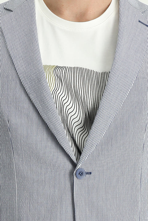Orta Lacivert 7 Drop Slim Fit Dar Kesim Spor Çizgili Ceket