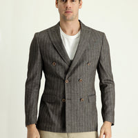 Koyu Kahve 7 Drop Slim Fit Dar Kesim Kruvaze Çizgili Keten Karışımlı Ceket