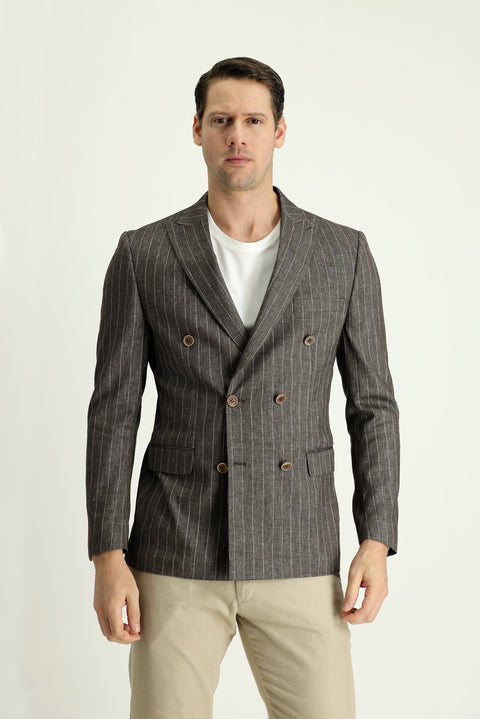 Koyu Kahve 7 Drop Slim Fit Dar Kesim Kruvaze Çizgili Keten Karışımlı Ceket