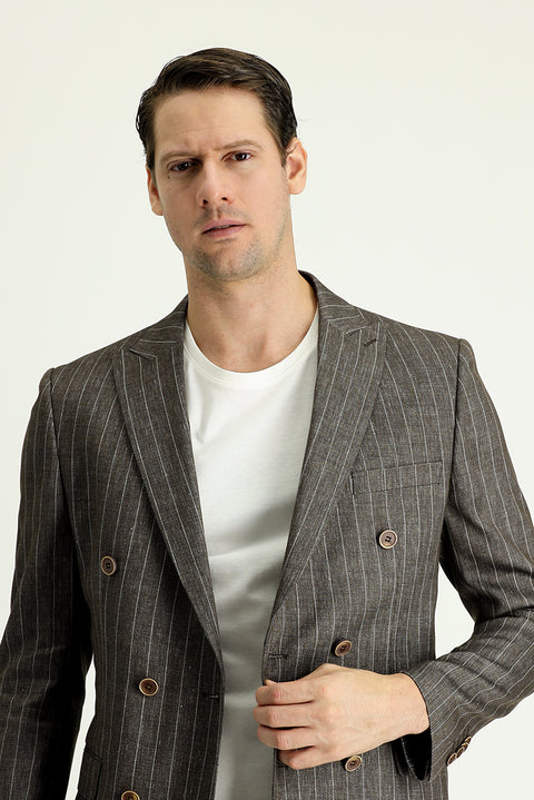 Dark Brown 6 Drop Regular Fit Double-Breasted Striped Linen Jacket