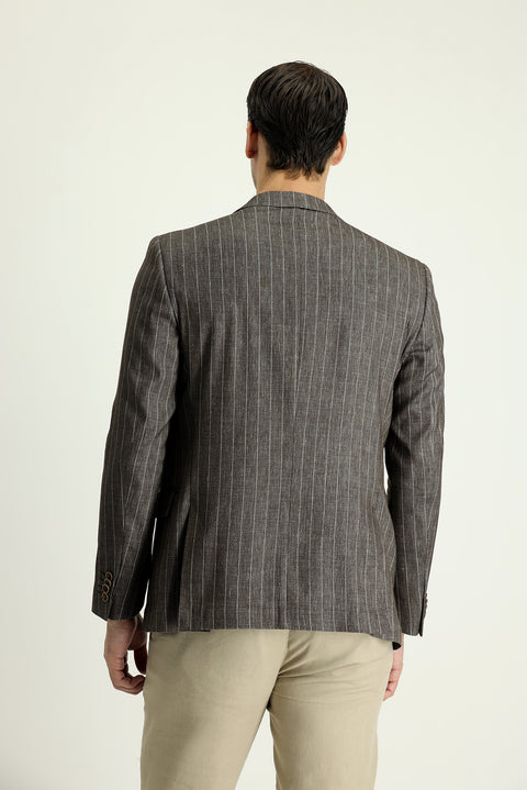 Dark Brown 6 Drop Regular Fit Double-Breasted Striped Linen Jacket