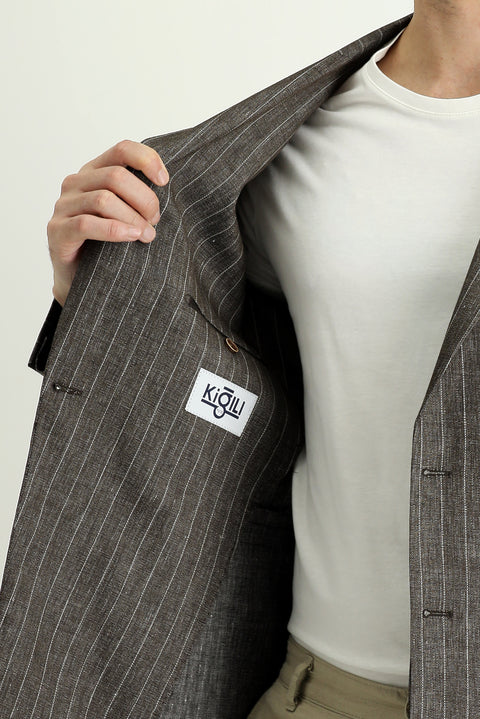 Koyu Kahve 7 Drop Slim Fit Dar Kesim Kruvaze Çizgili Keten Karışımlı Ceket