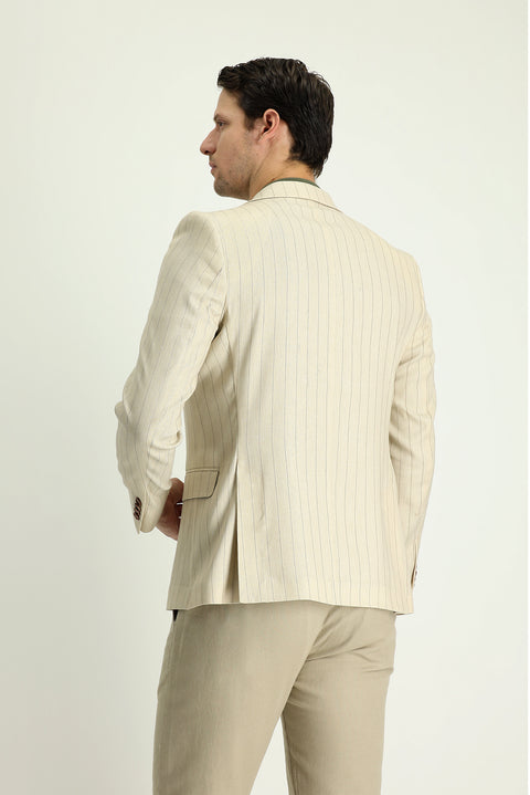 Krem 7 Drop Slim Fit Dar Kesim Kruvaze Çizgili Keten Ceket
