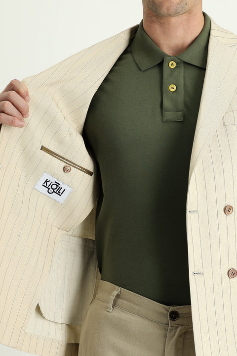 Krem 6 Drop Regular Fit Standart Kesim Kruvaze Çizgili Keten Karışımlı Ceket
