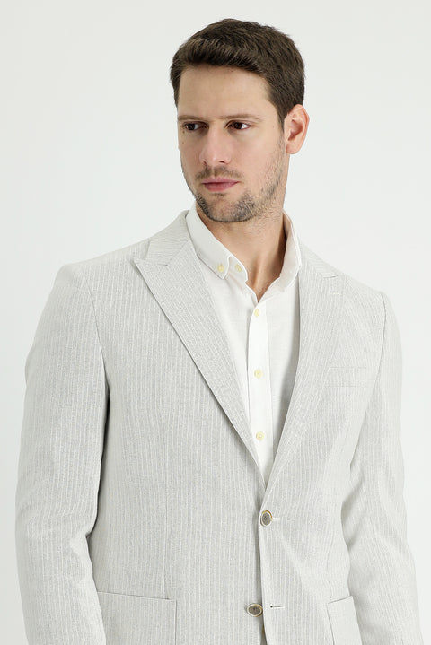 Light Grey 6 Drop Regular Fit Striped Cotton Linen Blend Jacket