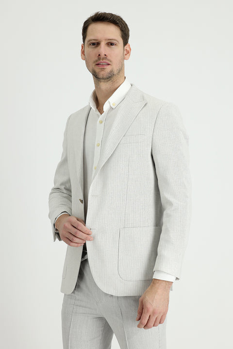 Açık Gri 4 Drop Relaxed Fit Rahat Kesim Çizgili Pamuklu Keten Karışımlı Ceket