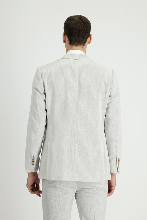 Açık Gri 6 Drop Regular Fit Standart Kesim Çizgili Pamuklu Keten Karışımlı Ceket